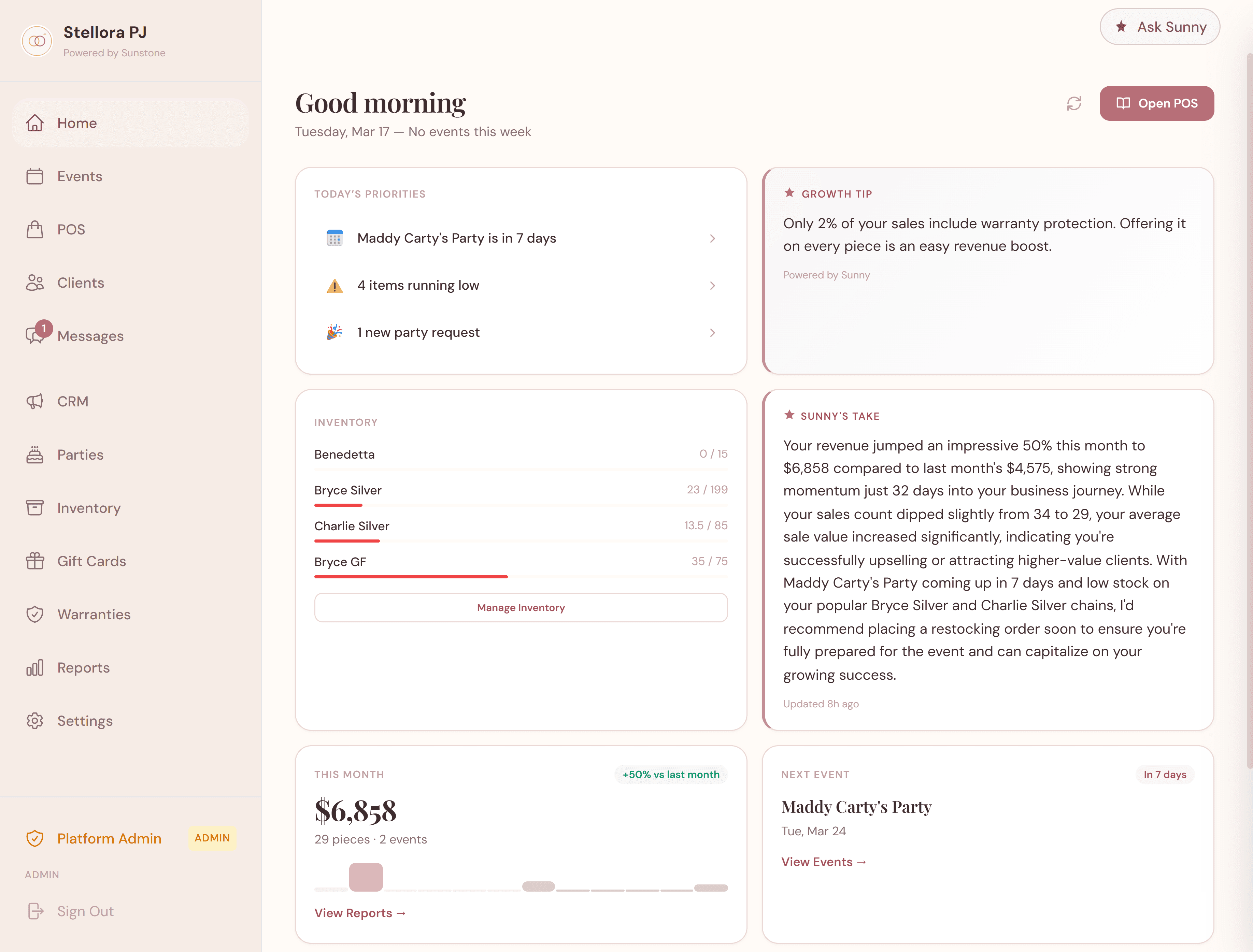 Sunstone Studio dashboard showing AI-powered business insights and revenue overview